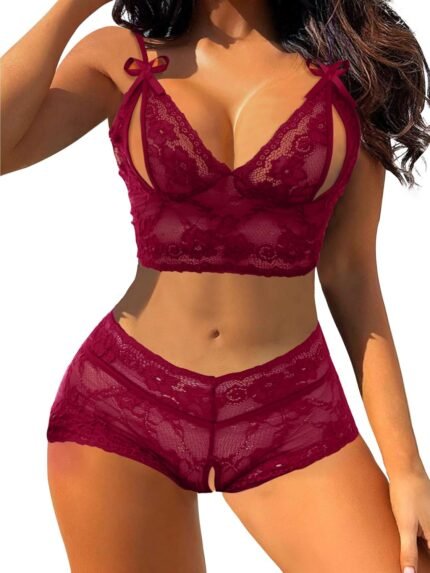 Lilosy Sexy Cupless Women Floral Lace Pajamas Lingerie Set High Waist Nightwear Sleepwear Bow Ties Bra and Panty 2 Piece