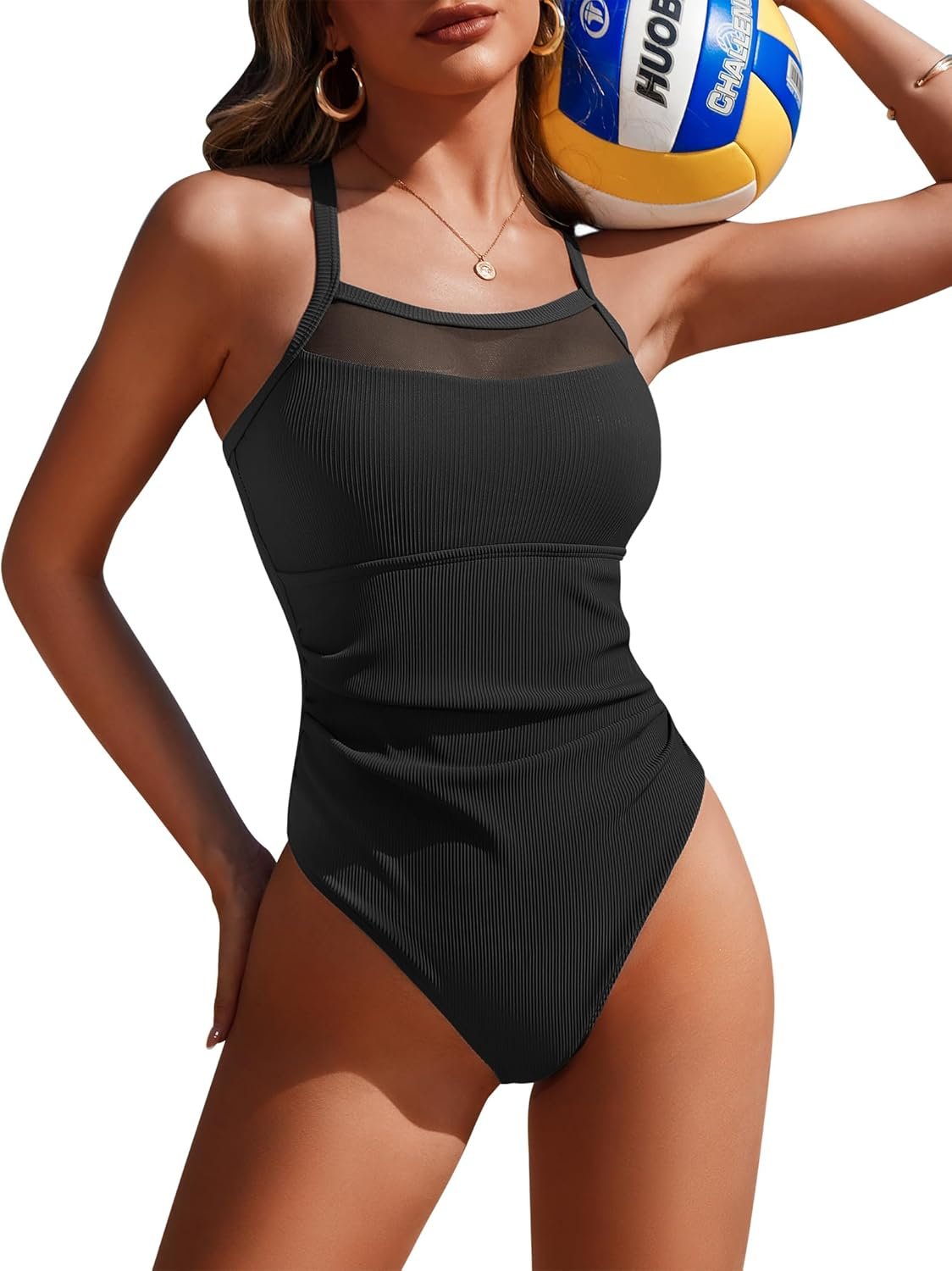 AI’MAGE Women’s Ribbed One Piece Swimsuit Tummy Control Ruched Bathing Suit Sexy Mesh Swim Suits Crisscross Back Tie Swimwear