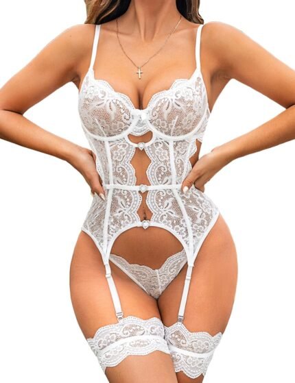 Aranmei Women Sexy Lingerie Set with Garter Belt Lace Bodysuit Cutout Teddy Baby Dolls with Panty Leg Rings