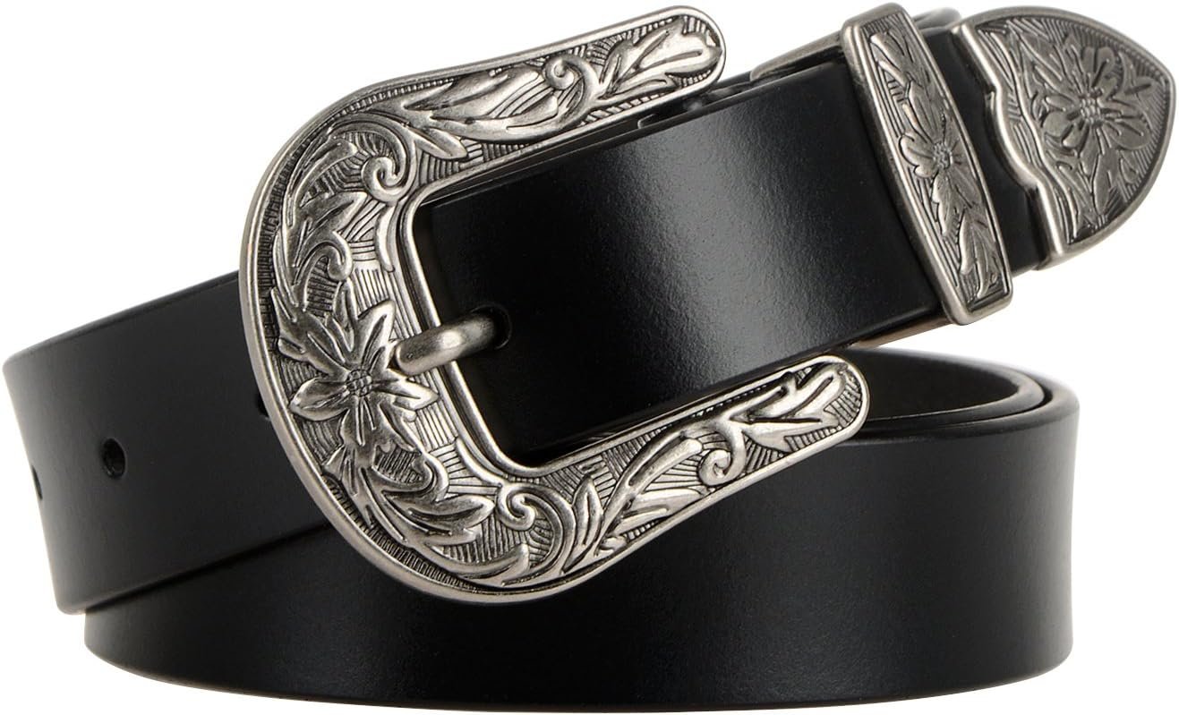 JASGOOD Women Leather Belts Ladies Vintage Western Design Black Waist Belt for Pants Jeans Dresses