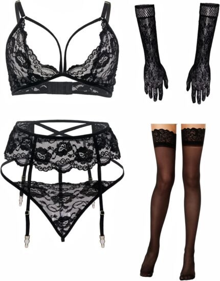 Women Lingerie with Stockings and Gloves or Eye-mask,Garter Belt Lingerie Set