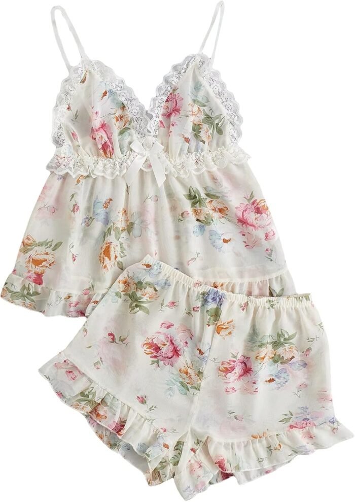 OYOANGLE Women’s 2 Piece Floral Print Lace Spaghetti Strap Cami Top and Shorts Chiffon Pajama Set Sleepwear