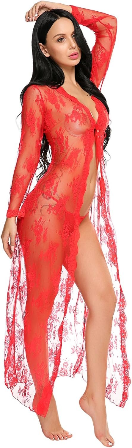 Lingerie for Women Sexy Long Lace Dress Sheer Gown See Through Kimono Robe Lingerie for Women Sexy Long Lace Dress Sheer Gown See Through Kimono Robe