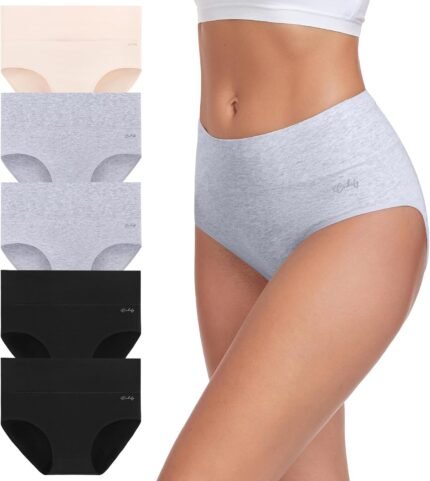coskefy Women’s High Waisted Cotton Underwear Soft Breathable Panties Stretch Briefs Ladies Panties 5 Pack