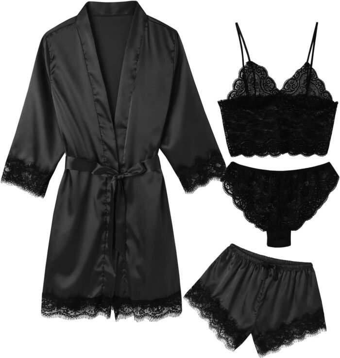 Women’s Pajama Satin Sexy Lingerie Robe Set 4Pcs Pjs Silk Sleepwear Lace Cami Shorts Loungewear