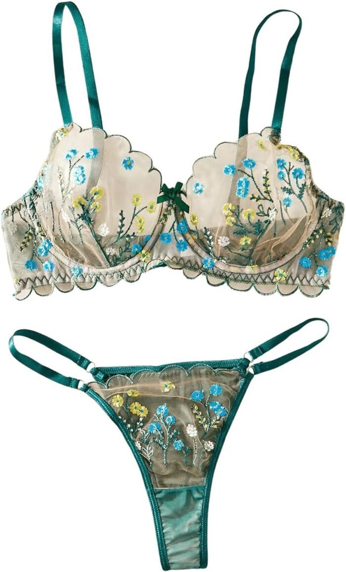SOLY HUX Lingerie for Women Floral Embroidery Mesh Sheer Underwire Bra and Panty Lingerie Sets