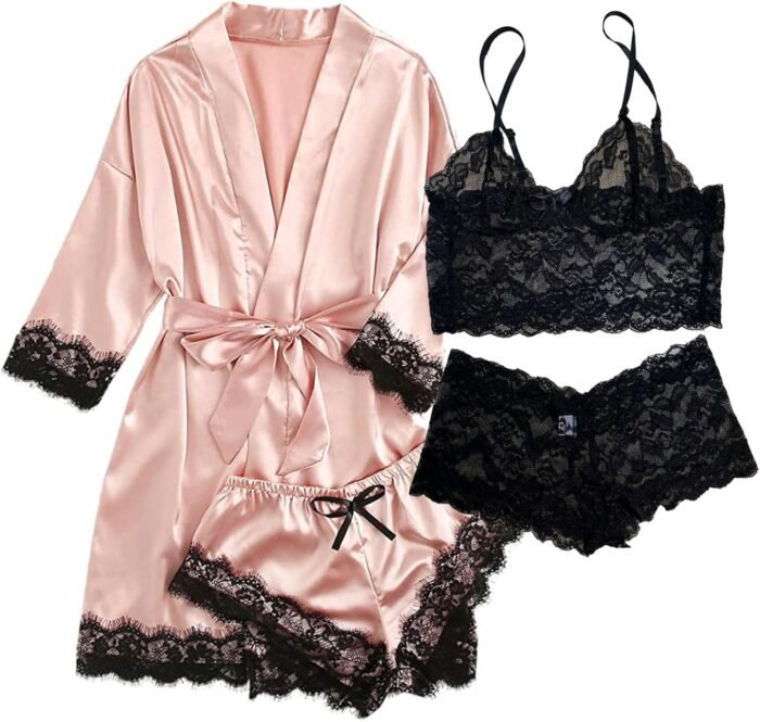 Hellomamma Silk Pajama Sets for Women: Satin Sexy Lingerie 4 Piece Sleepwear Cami Lace Pjs Set with Robes