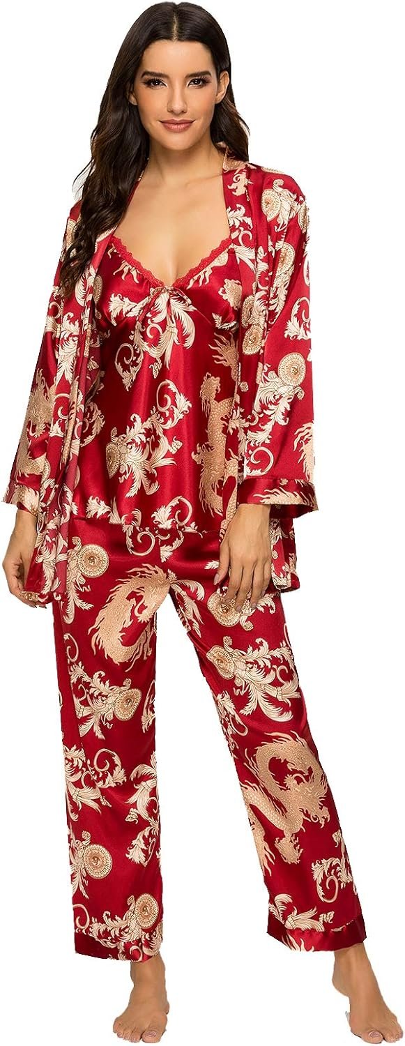 Escalier Women’s Silk Satin Pajamas Set 3 Pcs Floral Silky Pj Sets Sleepwear Cami Nightwear with Robe and Pant Escalier Women’s Silk Satin Pajamas Set 3 Pcs Floral Silky Pj Sets Sleepwear Cami Nightwear with Robe and Pant