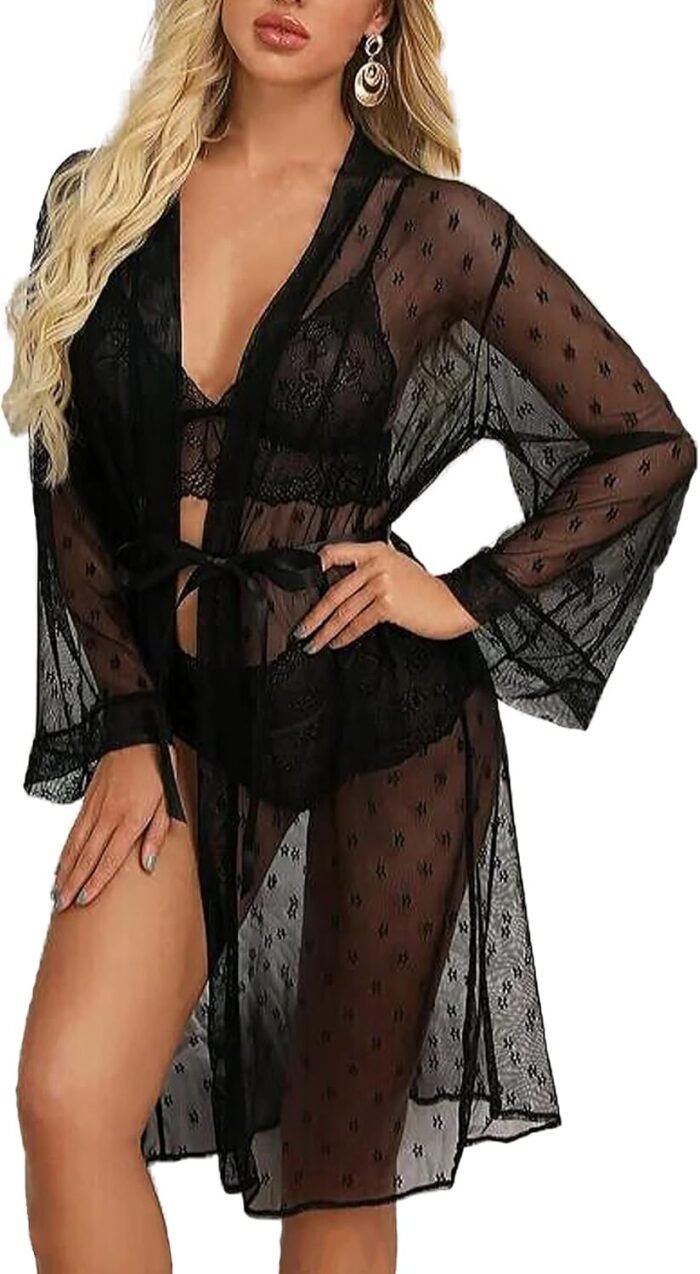 Women’s Lace Lingerie Set 3 Piece Sexy Sheer Kimono Robe with Bra and Panty Sleepwear