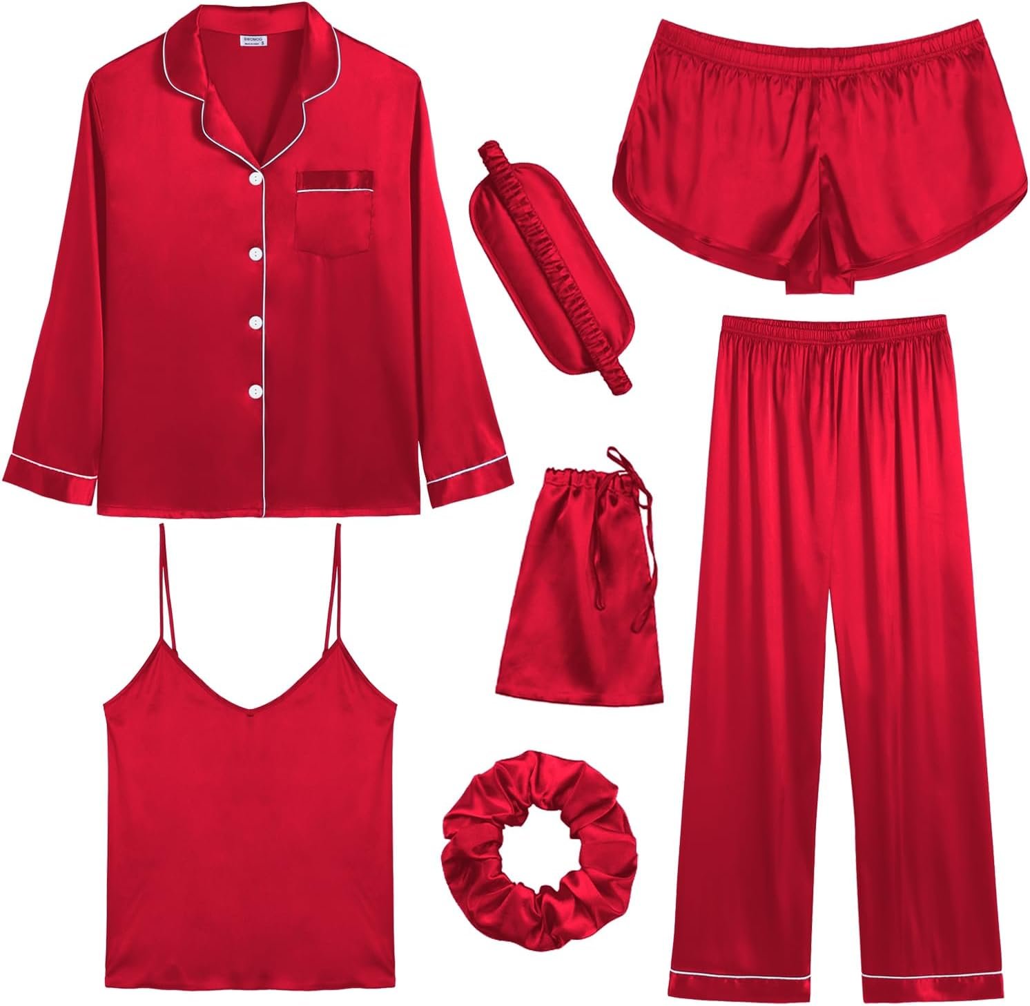 SWOMOG Women Satin Pajamas 4pcs Pajama Set Sexy Cami Shorts Set and Button Down Long Sleeve Pjs Loungewear Sleepwear