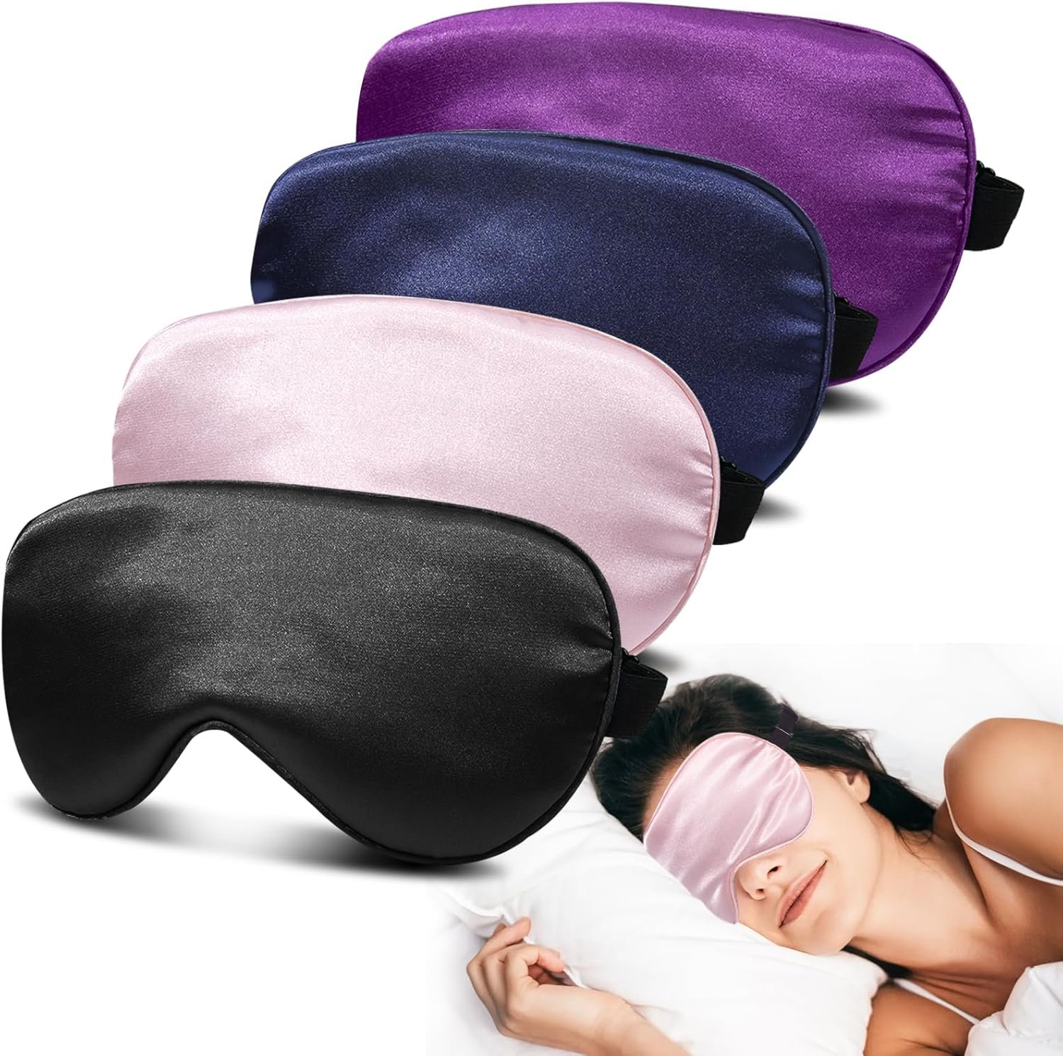 Silk Sleep Mask Eye Masks for Sleep, JroyJoy 4 Pack Super Soft Sleep Mask for Women Men, 100% Blackout, Zero Eye Pressure, Blindfold with Adjustable Strap, Travel Eye Covers (Black&Pink&Blue&Purple)