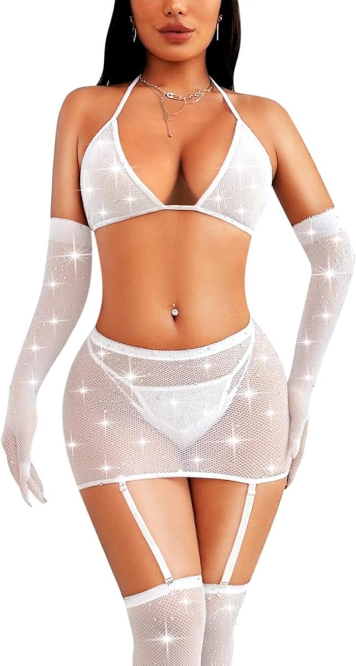 RSLOVE Lingerie Sets for Women – Fishnet Lingerie Sparkle Rhinestone 5 Piece Lingerie Sets Mesh Babydoll with Garter