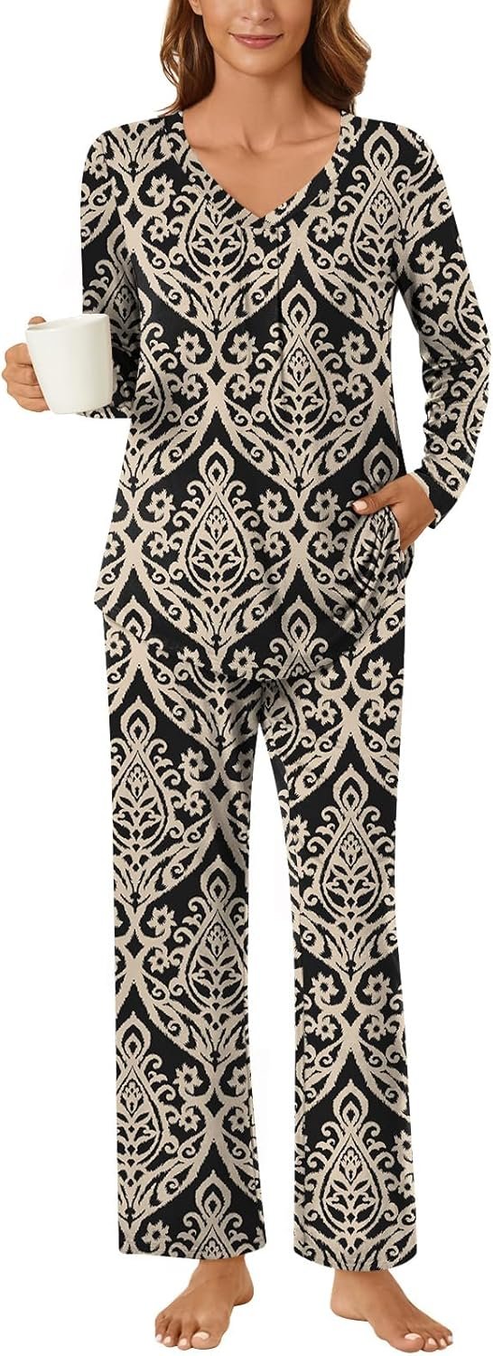 Bestbee Women’s Pajama Set, 2 Piece Lounge Outfits V Neck Sleepwear Fall Long Sleeve Long Pants With Pockets Ladies Pjs