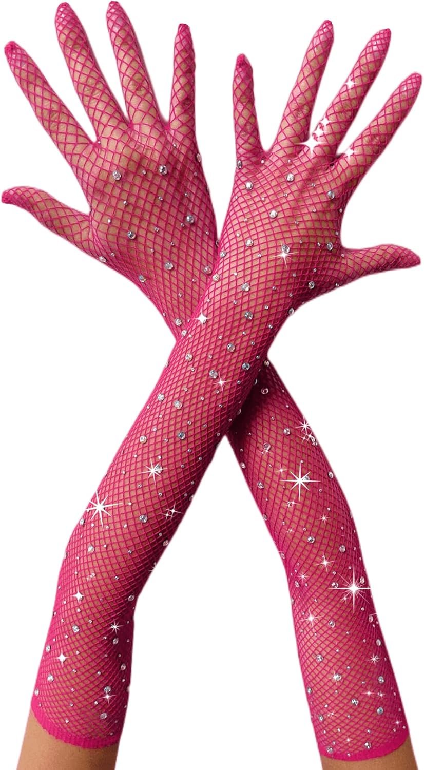 RSLOVE Women Lingerie Fishnet Gloves with Sparkle Rhinestone Mesh Long Gloves