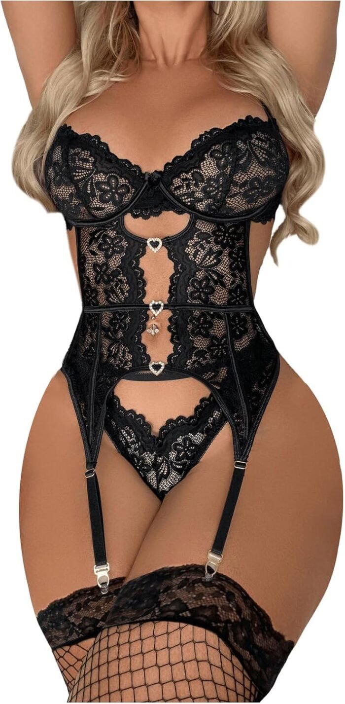 OYOANGLE Women’s Floral Lace Mesh Lingerie Set Teddy Babydoll Bodysuit with Garter Belts Panty