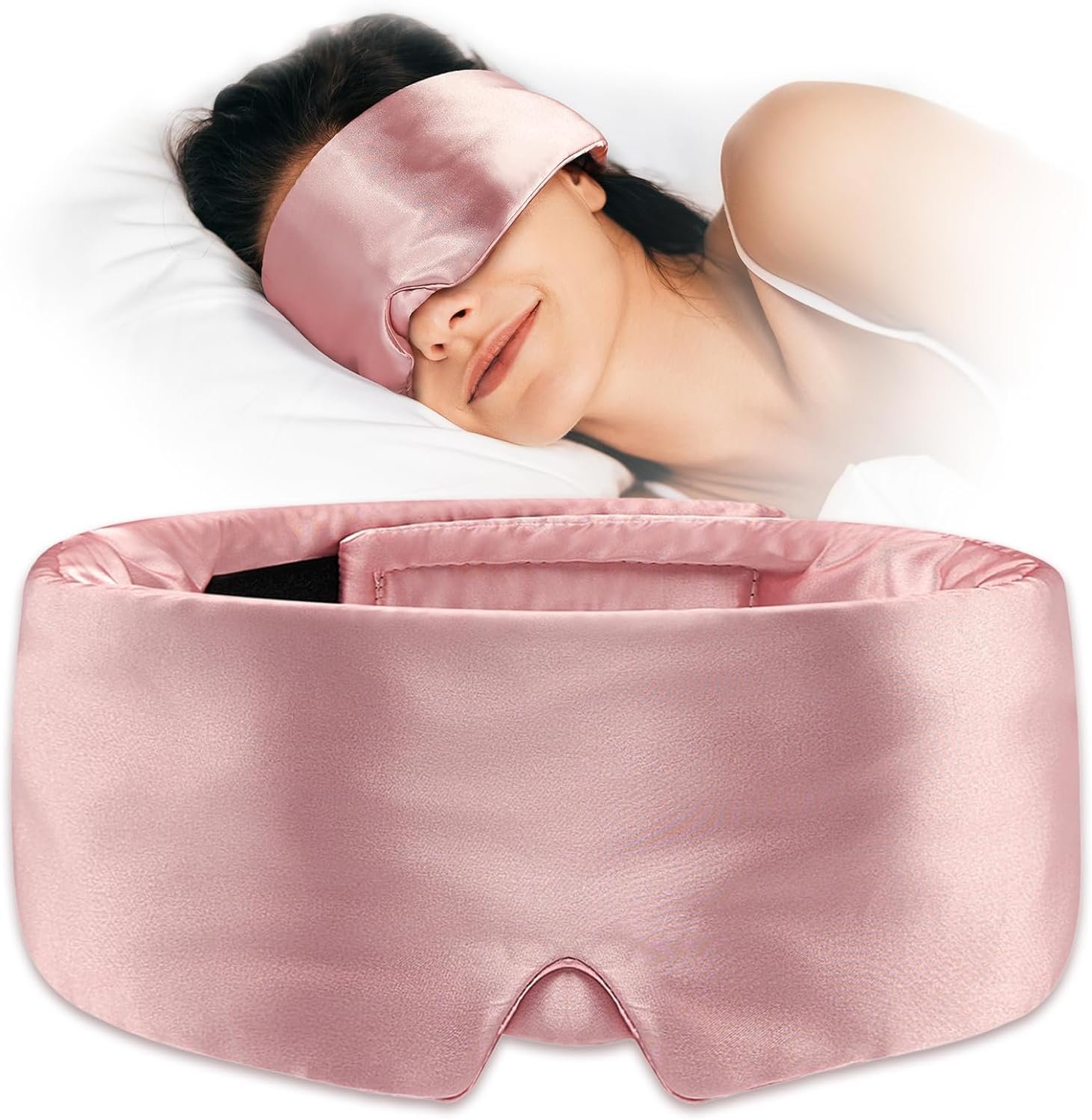 Soft Sleep Mask, Blackout Eye Mask for Side Sleepers, Women Men Sleeping Mask, Anti-Wrinkle & Softer Than Real Mulberry Silk Eye Cover, Satin Blindfold with Adjustable Band, Pink