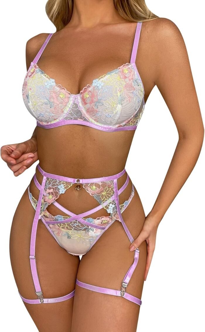 OYOANGLE Women’s 5 Piece Floral Embroidery Mesh Lingerie Set Spaghetti Straps Underwire Garter Thong Set