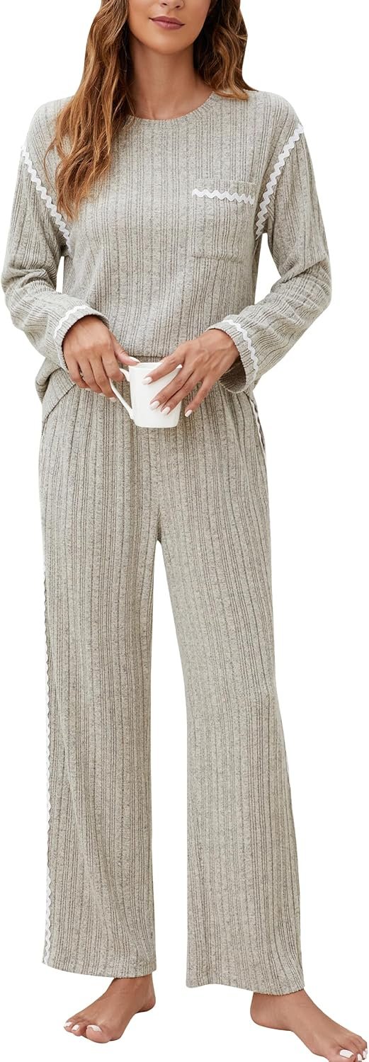 Blooming Jelly Women’s Pajama Sets Long Sleeve 2 Piece Lounge Sets Soft Knit Pjs Cozy Sleepwear with Pockets