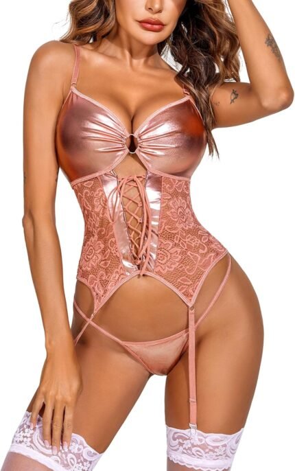 Avidlove Womens Lingerie Faux Leather Lingerie Lace Teddy Bodysuit Sexy Corset With Garter Belt