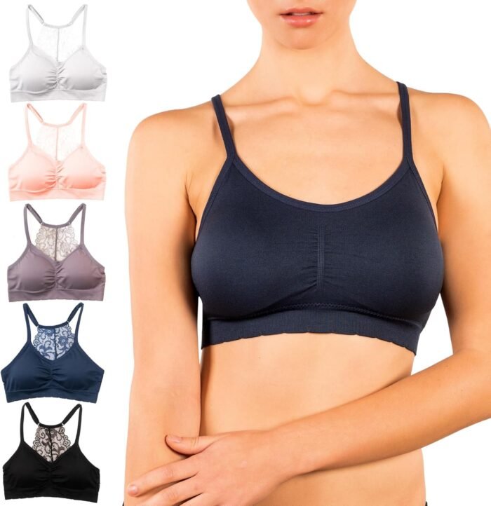 Alyce Intimates Seamless Womens Bra, Pack of 5- Lightly Padded Bra with Removable Cups- Wireless Racerback Bralette