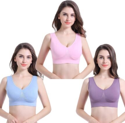 PRETTYWELL Sleep Bras for Women, Comfort Seamless Wireless Stretchy Sports Bra,3 Pack Yoga Bras, with Removable Pads