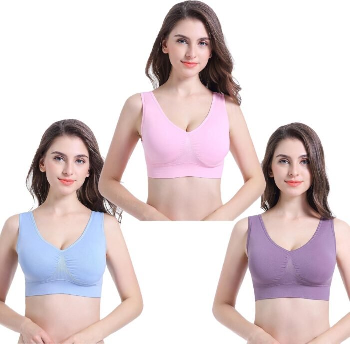 PRETTYWELL Sleep Bras for Women, Comfort Seamless Wireless Stretchy Sports Bra,3 Pack Yoga Bras, with Removable Pads