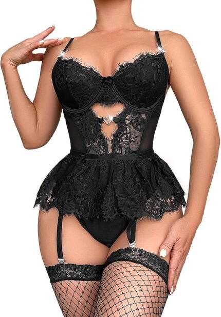 Lilosy Sexy Heart Rhinestones Underwire Babydoll Lace Mesh Garter