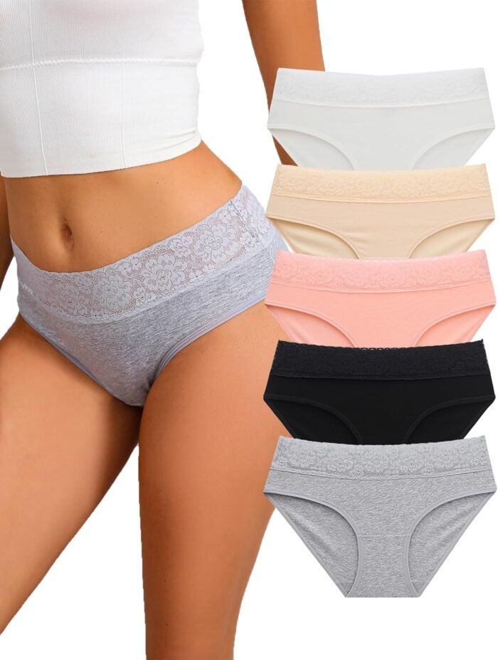 Womens Cotton Underwear, Cotton Bikini Lace Panties, Ladies Briefs High Waist Undies, 5 Pack