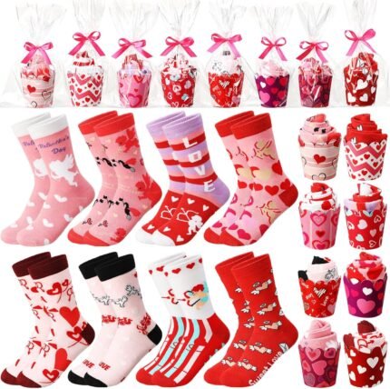 Foaincore 8 Pairs of Valentine’s Day Cupcake Socks Gifts for Women Angel Heart Print Cotton Mid Tube Socks Cute Valentine’s Day Cupcake Socks with Gift Packaging for Valentine’s Day Wife Mother’s Day