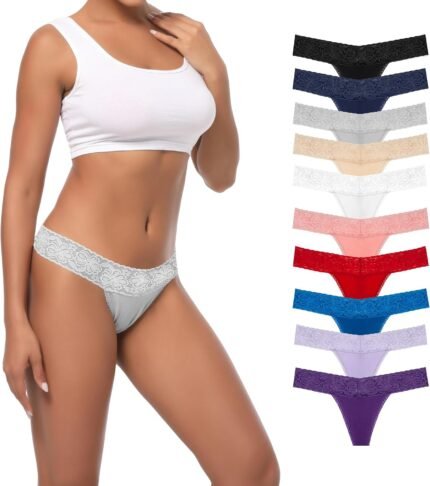 Pack 10 Seamless Lace Thongs for Women Plus Size Breathable Panties Low Rise T-back Stretch Cotton No Show Underwear