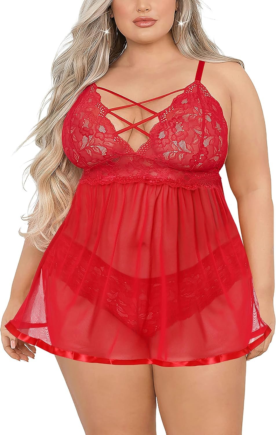 JuicyRose Women’s Plus Size Lingerie Sets, Sexy Open Back Babydoll Strappy Lace Chemise