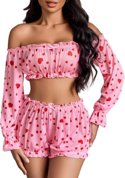 Avidlove Lingerie Sets for Women Sexy Long Sleeve Off Shoulder Ruffle Bra and Panty Set