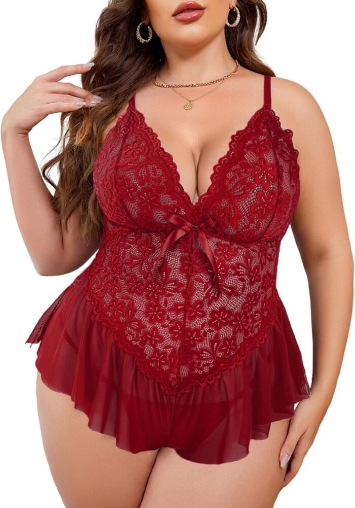 Avidlove Plus Size Lingerie for Women Lace Bodysuit One Piece Teddy Babydoll Mesh Chemise V Neck Sleepwear L-5XL