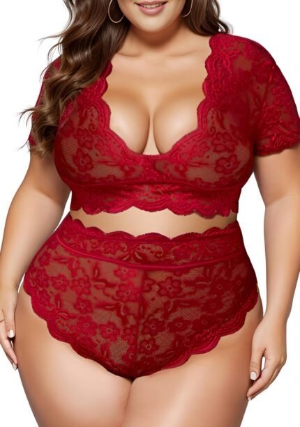 Plus Size 2 Piece Lingerie Set for Women Sexy Deep V Allover Lace Bra and Panty High Waist Nightwear Clubwear