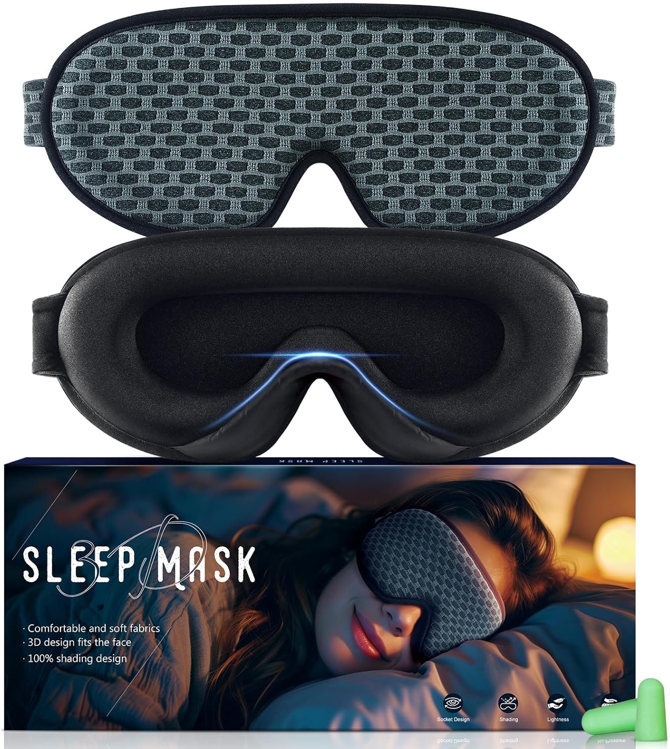 Sleep Mask, 100% Blackout Sleep Eye Mask for Women Men, Ultra Breathable Eye Mask for Sleeping, 3D Contoured Eye Cover, Night Blindfold with Comfortable Adjustable Strap for Side Sleepers