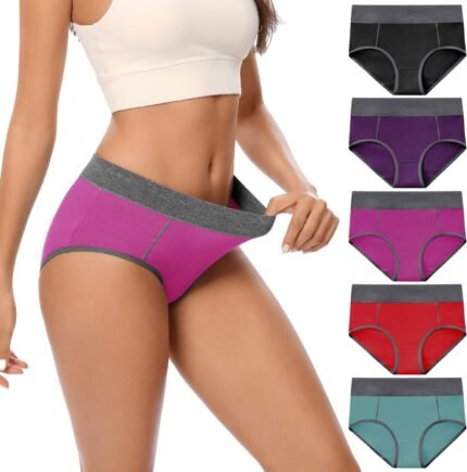 POKARLA Women’s Cotton Stretch Underwear Ladies Mid-high Waisted Briefs Panties 5-Pack POKARLA Women’s Cotton Stretch Underwear Ladies Mid-high Waisted Briefs Panties 5-Pack