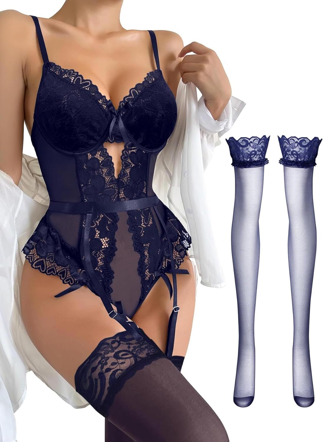 Lilosy Sexy Stocking Lace Mesh Bodysuit Underwire Garter Lingerie Set 3 Piece