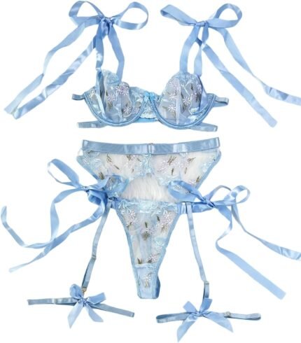 WDIRARA Women’s Floral Embroidery Mesh Bow Tie Underwire Lingerie Set Bra and Panty Sets with Garter WDIRARA Women’s Floral Embroidery Mesh Bow Tie Underwire Lingerie Set Bra and Panty Sets with Garter