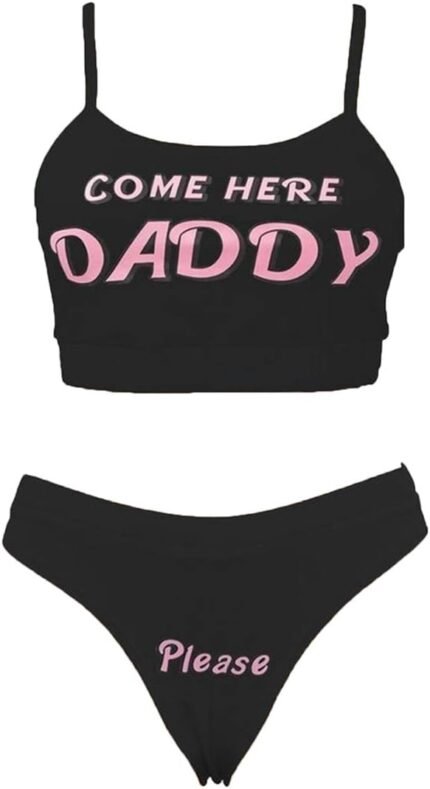 Multitrust Sexy Women Come Here Daddy Please Strappy Lingerie Set 2PCS Slutty Underwear Tank Tops and Panty Pajamas Sleepwear