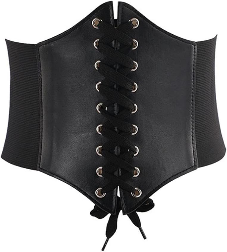 VASANA Womens Black Sexy Costume Corset Wide Belt Lace Up Tied Waspie PU Leather Slimming Body Waistband Top Underbust Cinch Dress Girdle