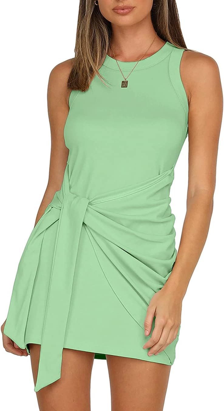 LIYOHON Women’s Summer Casual Beach Dress Sleeveless Ruched Tie Tank Bodycon Wrap Mini Dresses LIYOHON Women’s Summer Casual Beach Dress Sleeveless Ruched Tie Tank Bodycon Wrap Mini Dresses