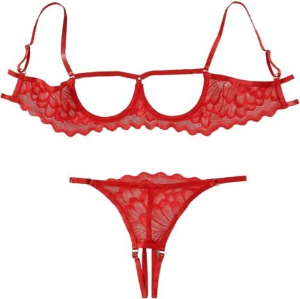 Women’s Strappy Underwire Lace Sheer Lingerie Set Cut Out Bra and Panty