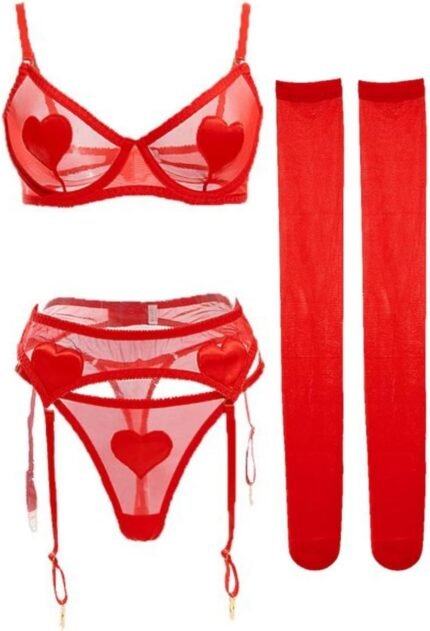 Kaei&Shi Sexy Valentines Lingerie,4 Piece Sheer Mesh Heart Lingeries,Garter Belt and Thigh Highs Set Vday Boudoir Honeymoon