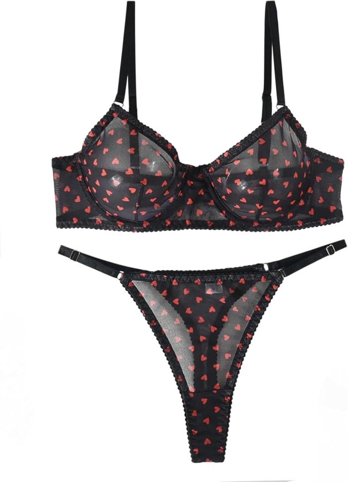 Lilosy Sexy Mesh Sheer Underwire Push Up Women 2 Piece Lingerie Set See Through Bra Panty