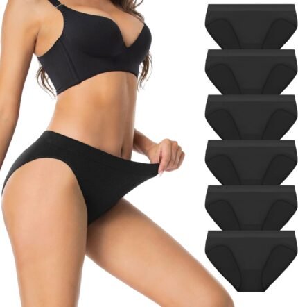 Womens High Cut Briefs Underwear Pack 6, Full Coverage Seamless Stretch Comfort Waistband Hi-Cut Panties for Ladies