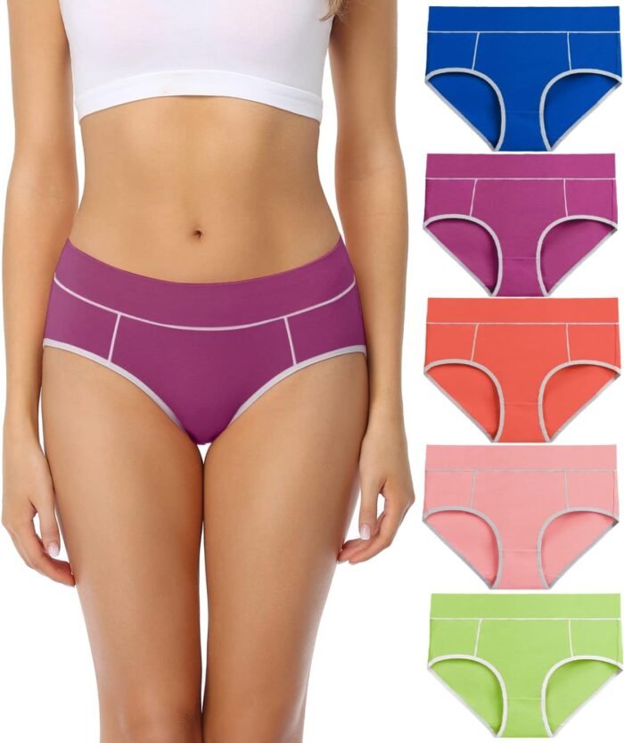 wirarpa Women’s Cotton Underwear Stretch Mid Waisted Briefs Ladies Panties 5 Pack (Regular & Plus Size)