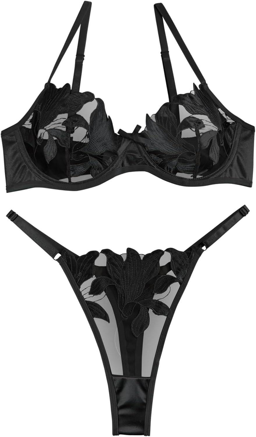 Lilosy Sexy Satin Mesh Floral Embroidered Underwire Lingerie Set