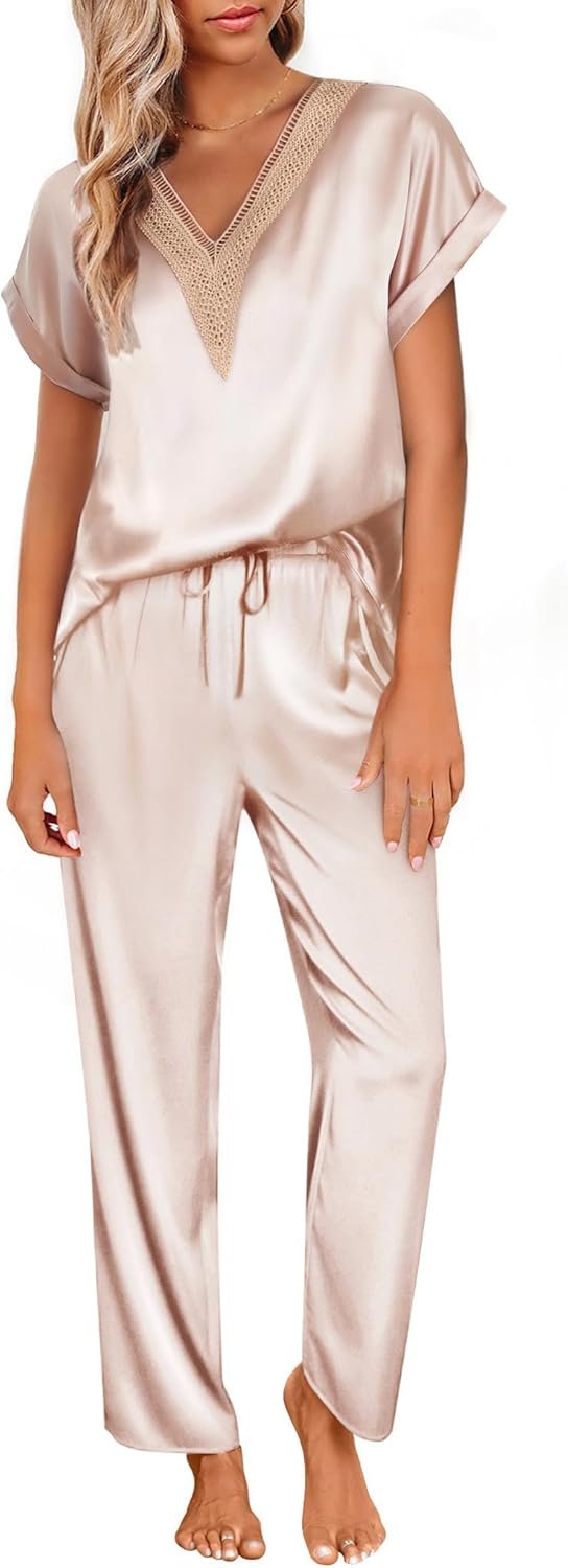 Ekouaer Womens Silk Pajamas Set Satin Pjs with Long Pants Short Sleeve Sleepwear Guipure V Neck Loungewear Ekouaer Womens Silk Pajamas Set Satin Pjs with Long Pants Short Sleeve Sleepwear Guipure V Neck Loungewear