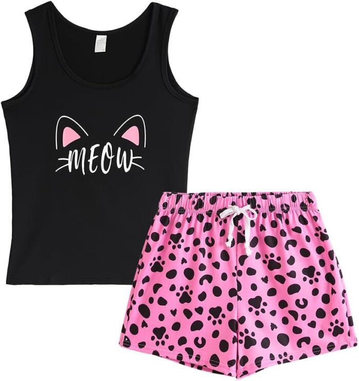 YIJIU Women’s Pajama Sets Cute Sleeveless Tank and Shorts Sleepwear 2 Piece Pj Set Loungewear