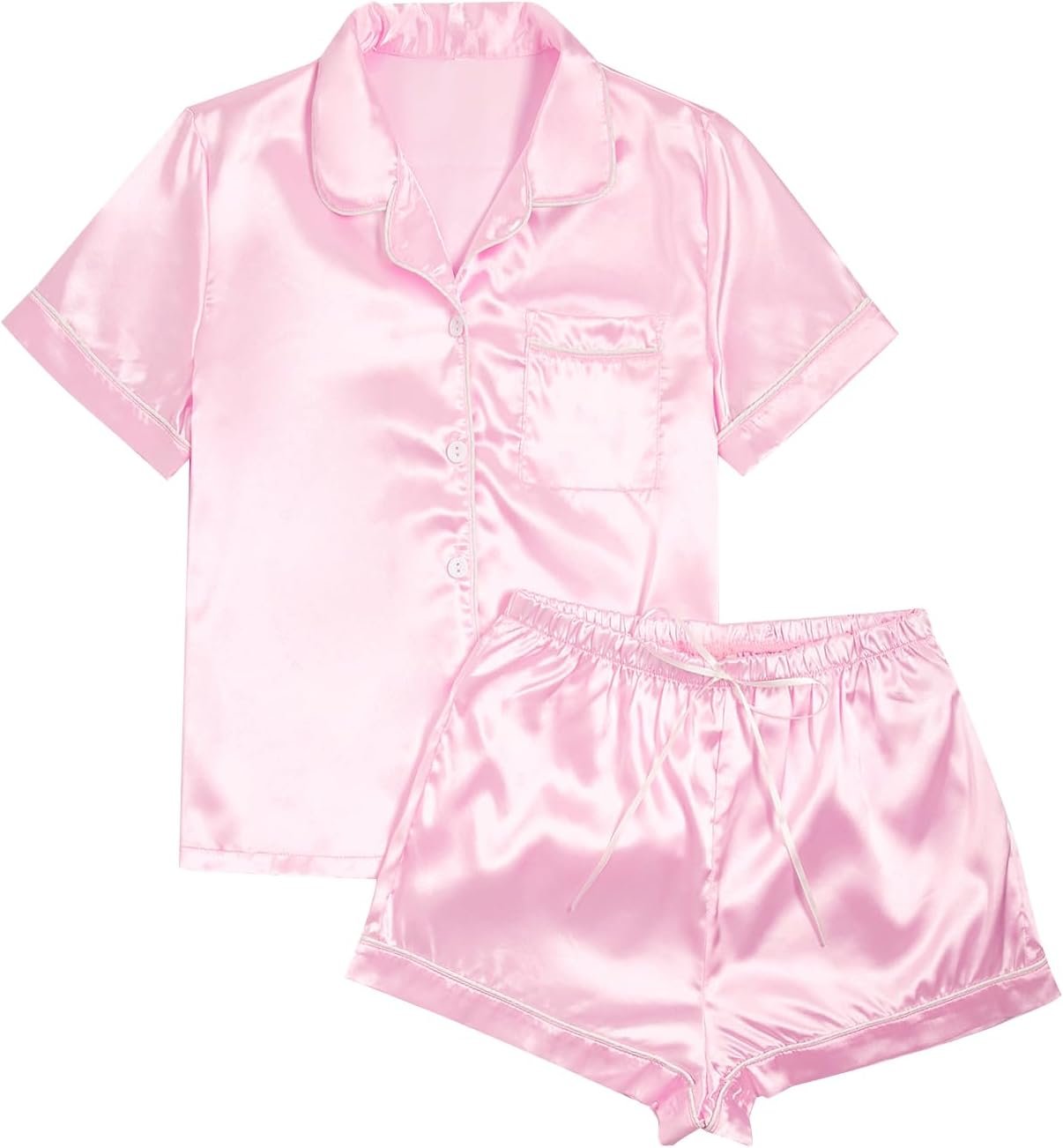 Verdusa Women’s 2pc Satin Nightwear Button Front Sleepwear Short Sleeve Pajamas Set